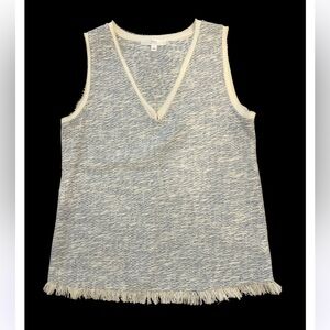 Anthropology DREW XS Tweed V Neck Sleeveless Blue and Cream Knit Top with Fringe